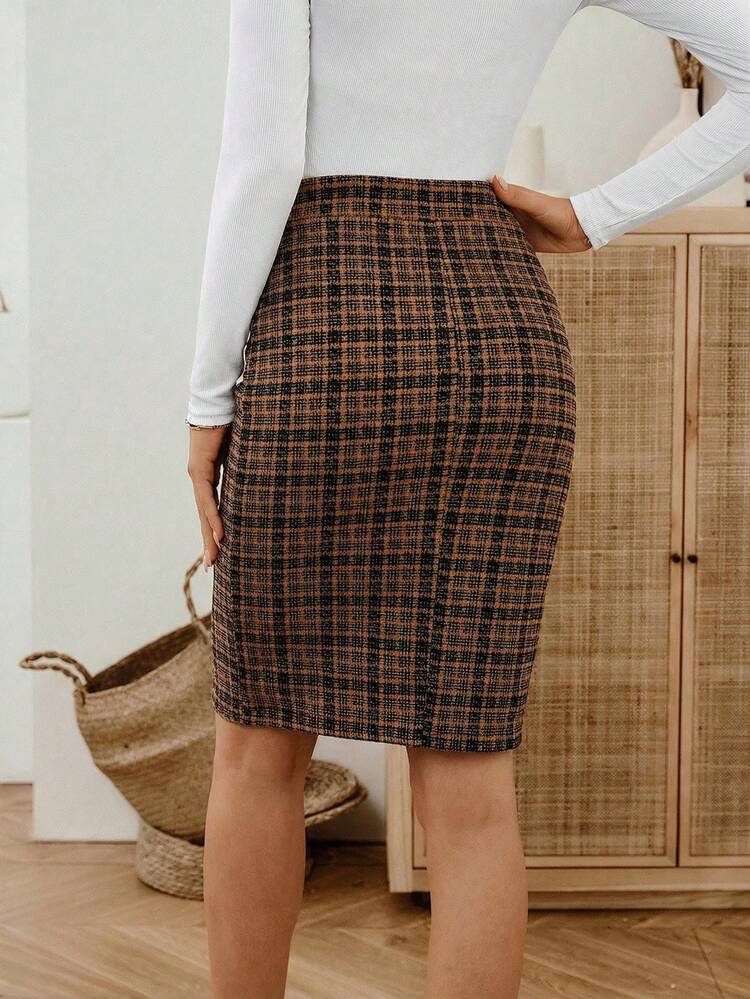 Knitted Plaid Pencil Plus Size Skirt In Brown Knee Length Elegant Style