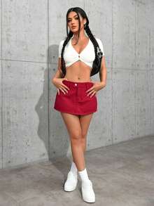 SHEIN Tall Women's Casual Versatile Denim Skorts With Waist Button Design - Red - View 5