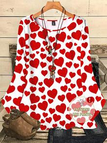 EMERY ROSE Plus Size Women Heart Print Casual Loose Fit 3/4 Sleeve Blouse, Suitable For Valentine's Day Spring - Multicolor - View 1