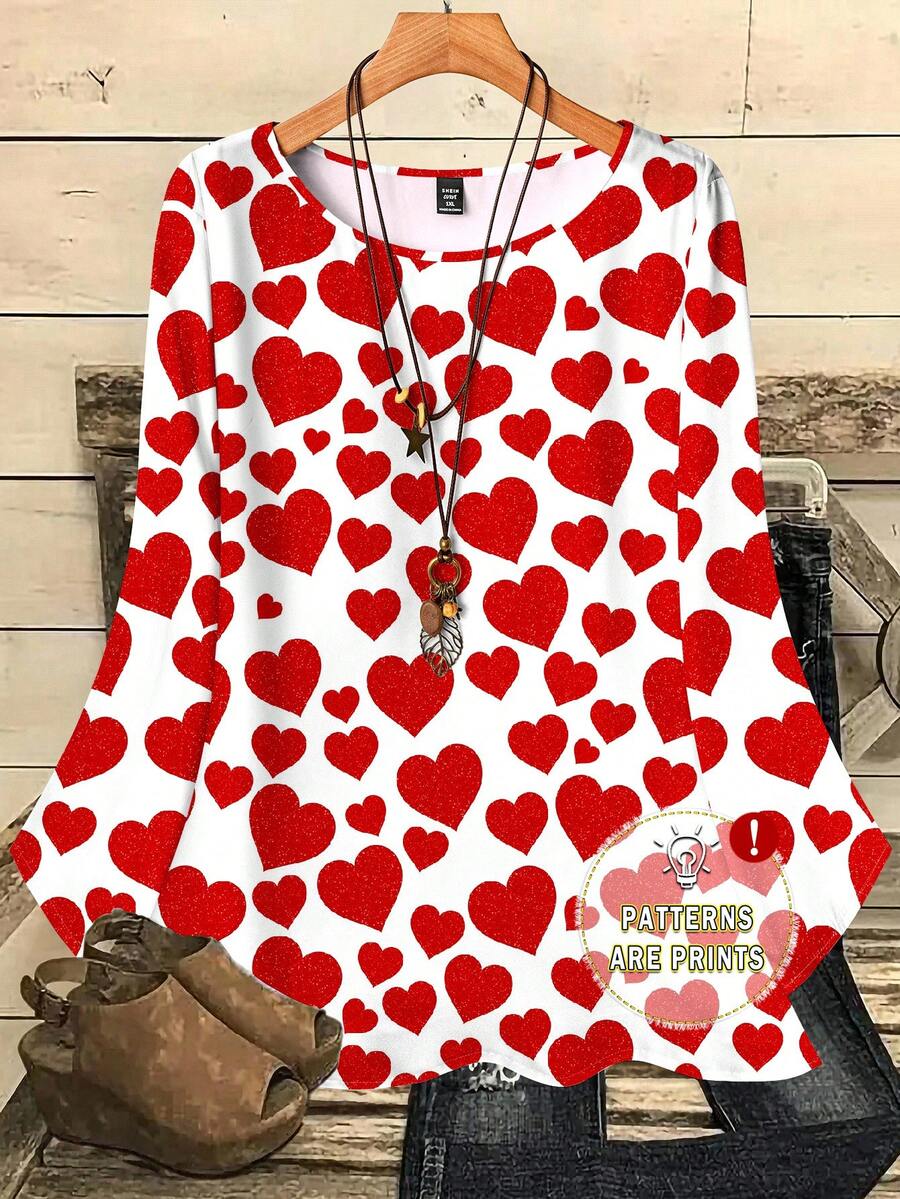 EMERY ROSE Plus Size Women Heart Print Casual Loose Fit 3/4 Sleeve Blouse, Suitable For Valentine's Day Spring - Multicolor - View 1