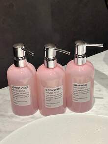 Three Pieces Semi Transparent Jade Pink 500ml/16oz Reusable Plastic Bottle With Waterproof Label, Suitable For Shampoo, Conditioner, Shower Gel, Shower Gel - Home, Hotel, Salon Use - Japanese And Korean Style - Jade Pink - View 1