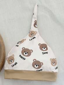 SHEIN 5pcs/Set Newborn Baby Boy Summer Outfit, Includes Cute Bear Print Knit Soft Romper, All-Over Print Pants, Hat, Bib, Gloves - Khaki - View 7