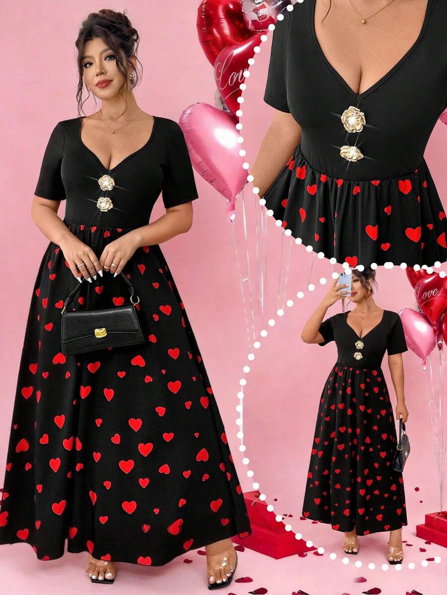 Elenzga Đầm nữ cỡ lớn cổ chữ V tay ngắn họa tiết trái tim phối màu, kiểu dáng thanh lịch, ôm sát; Đầm nữ cỡ lớn cổ chữ V tay ngắn họa tiết trái tim phối màu, ôm sát; Đầm maxi cỡ lớn cổ chữ V tay ngắn thắt eo họa tiết trái tim, kiểu dáng cổ điển ngọt ngào; Đầm maxi họa tiết trái tim phối màu ôm sát với chân váy xòe. - màu đen - Xem 1