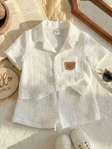 LMoss Kids 2 pièces Ensemble chemise décontractée et short en couleur unie pour jeune garçon - Blanc - Voir 4