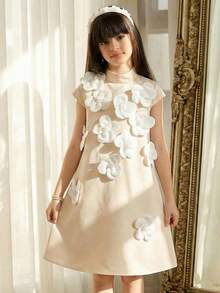 SHEIN Tween Girl Elegant Beige Summer Wedding Guest Dress, Cute 3D Floral Decor A-Line Short Sleeve Solid Color Tween Girl Dress For Back To School, Champagne - Apricot - View 2