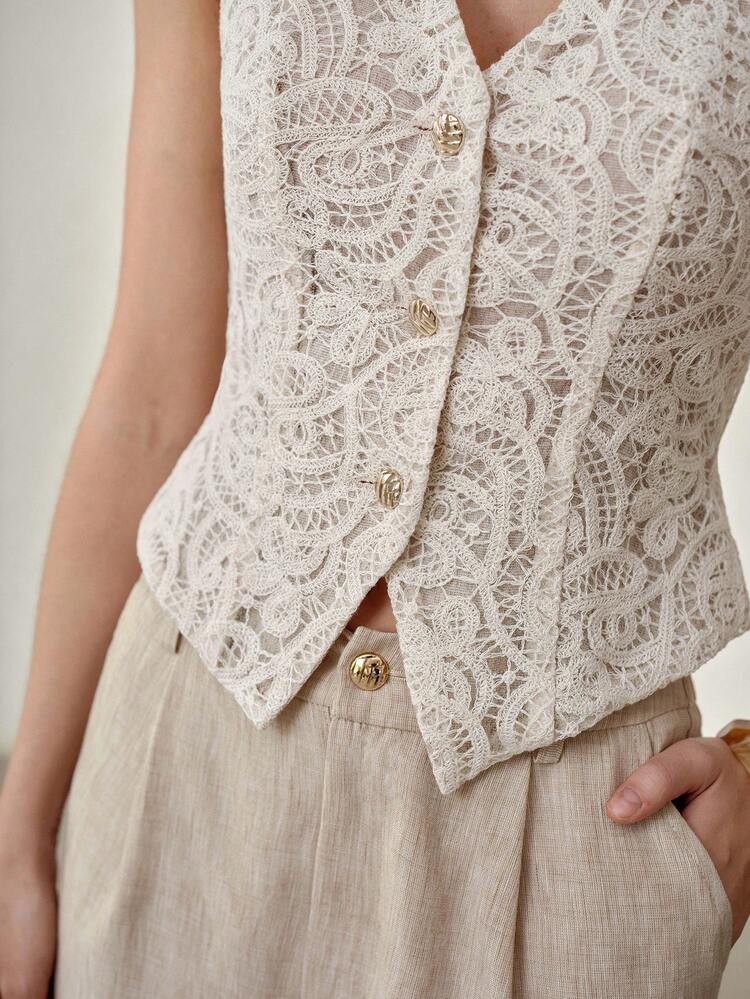 2PCS WOMEN'S NEW HOLLOW-OUT DESIGN SLEEVELESS TOP AND FOLD PLEATED LONG PANTS FASHION SUIT