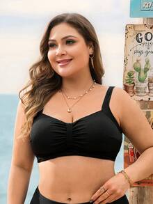 Swim Lushoire 大码女士纯色罗纹面料泳衣，可调节肩带，可拆卸胸垫，胸部褶皱设计，休闲时尚沙滩风连体泳衣 - 黑色 - 查看 3