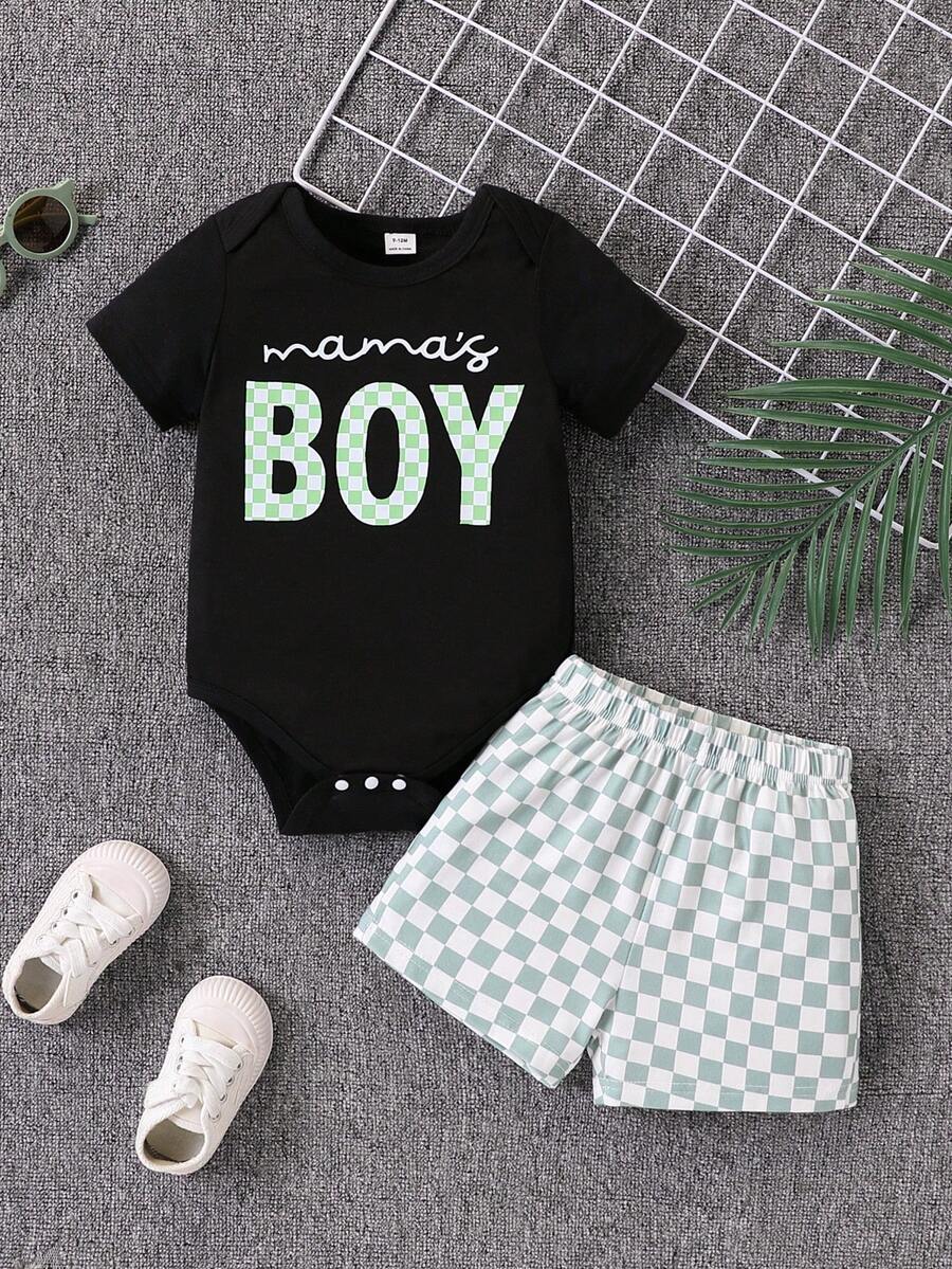 SHEIN Playful Pals 婴儿/幼儿男童可爱绿色格子印花连体衣套装,春夏款 - 黑色 - 查看 1