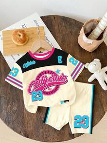 SHEIN 两件套复古美式学院风运动套装，包含一件印有数字“23”的休闲宽松圆领短袖T恤和一条紧身骑行短裤，适合春夏穿着，返校季必备，2000年代风格 - 彩色 - 查看 2