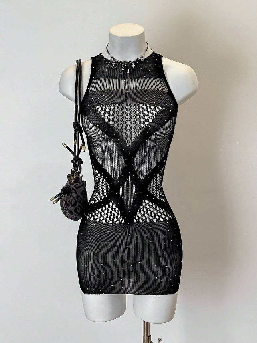 SHEIN Jeanoir 女士性感黑色水钻无袖紧身连衣裙 - 黑色 - 查看 1