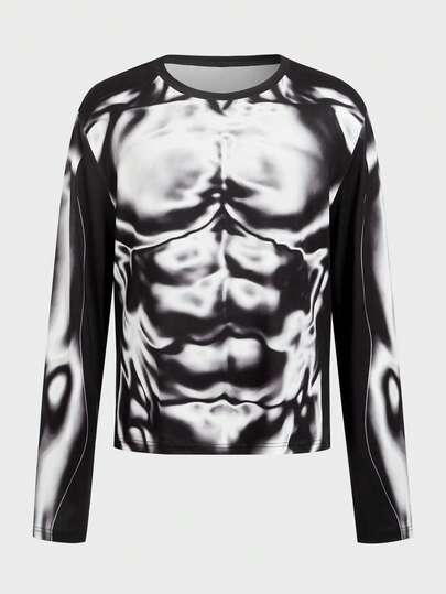 EASEVO Plus Size Men's Muscle Texture Fitted Long Sleeve T-Shirt Graphic Crop Tops Men Stretchy And Breathable Skin-Friendly And Breathable