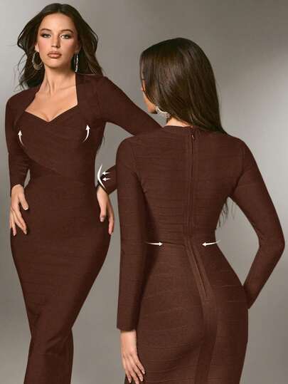 Nuvra Women's Romantic Vacation Curve-Flattering Long Sleeve Bodycon Slit Waist Fitted Bandage Knit Dress