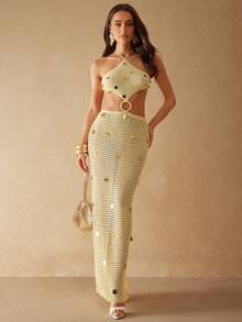 Silquee 不对称设计，小众风格，露背亮片，海滩度假风，长款镂空，显瘦，收腰，性感时尚连衣裙，适合节日、度假等场合。 - 黃色 - 查看 5