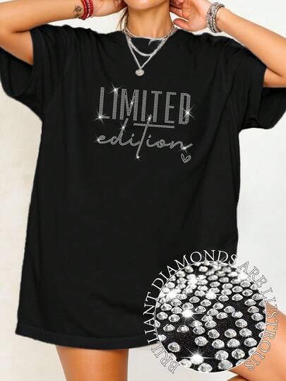 EMERY ROSE Plus Plus Size Women's Casual Letter LIMITED Edition T-Shirt Hot Diamond Pattern Round Neck Top Casual Graphic Tees Women Tops