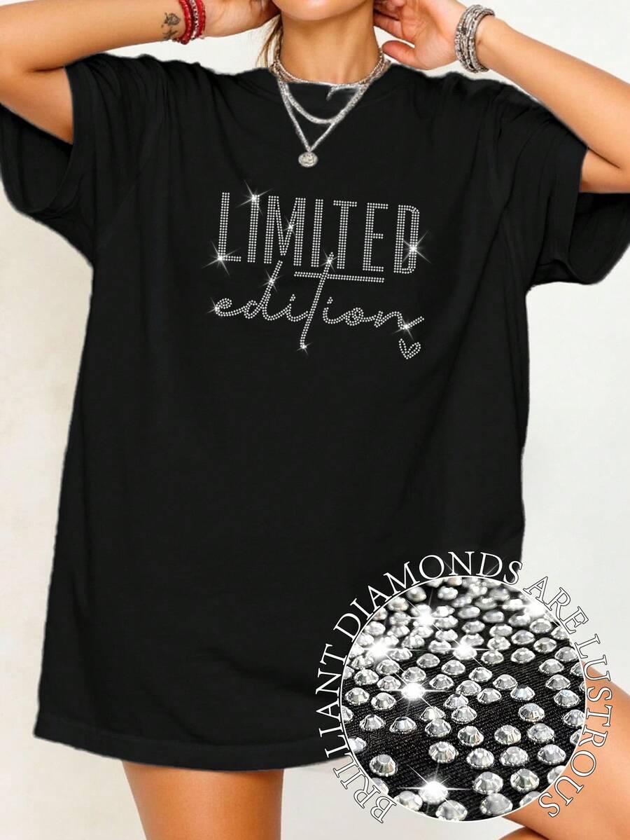 EMERY ROSE 加大码女式休闲字母限量版T恤 热销菱形图案圆领上衣 休闲印花T恤 女式上衣 - 黑色 - 查看 1