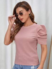 SHEIN Clasi Elegant Dress Women Women's Puff Sleeve Round Neck With Textured Fabric Pink Tee - Dusty Pink - View 3