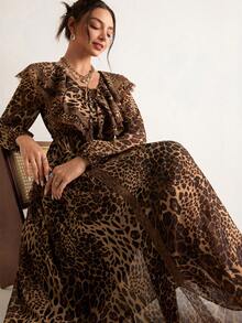 Freevana 波西米亚复古豹纹荷叶边V领抽绳腰长袖中长连衣裙，蕾丝拼接轻盈雪纺度假风修身印花连衣裙 - 棕色 - 查看 8