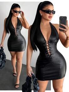 SHEIN SXY 街头风性感露背黑色皮裙 - 黑色 - 查看 7