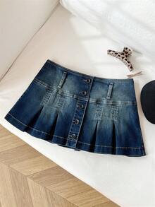 Elamini Y2K Fashion Washed Zebra Mini Pleated Denim Skirt - Dark Wash - View 5