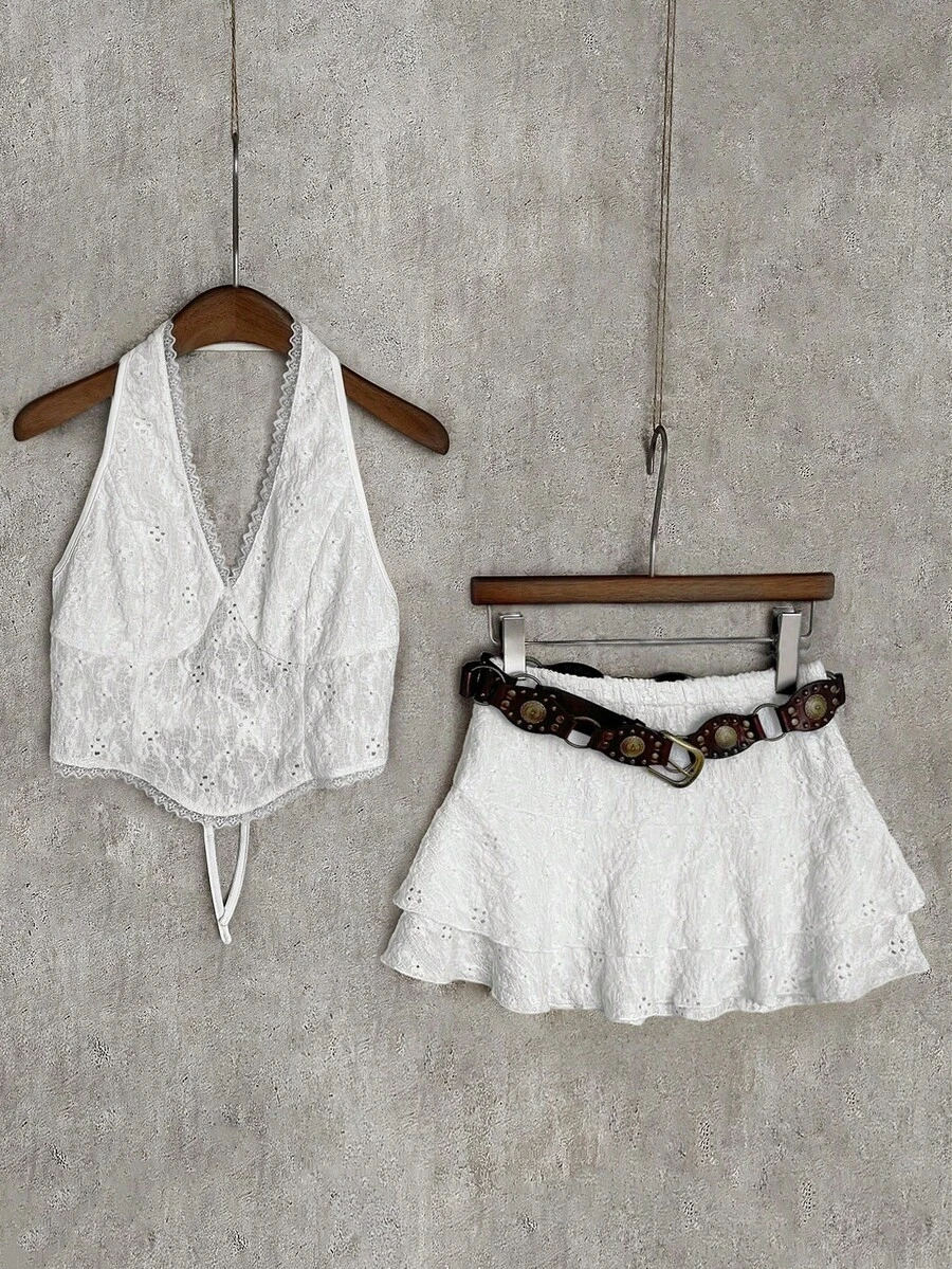Elamini New Sexy Lace Halter Backless Strap Camisole & Puff Mini Skirt 2 Pieces Set, White, Summer Holiday - White - View 1