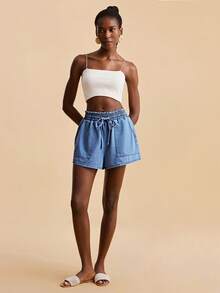 Travachic 女士纯色休闲牛仔短裤 - 淺色水洗藍 - 查看 6