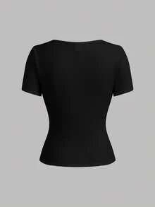 SHEIN Girlism 3件套少女休闲U领修身短袖露脐T恤，黑白条纹，适合夏季穿着 - 黑與白 - 查看 9