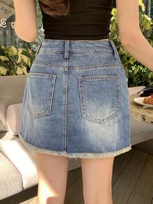 DAZY 女士高腰带口袋毛边休闲短牛仔裙裤 - 中等水洗藍 - 查看 4