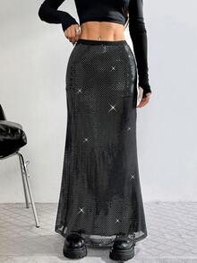 SHEIN EZwear 女式派对风格亮片网眼鱼尾下摆超长黑色裙子 - 黑色 - 查看 5
