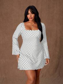 Rustia Damen Große Größen Neues schwarzes Polka Punkt Muster Glockenärmel Bodycon Mini Kleid mit Gürtel und rückenfreiem Design, romantisches Kleid, Party Outfit, elegant, schwarz chic, modisch Herbst/Winter, Gothic Stil - Weiss - Übersicht 1