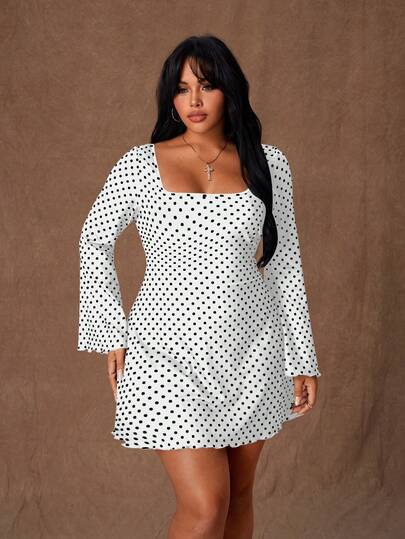 Rustia Plus Size Women's New Black Polka Dot Print Flare Sleeve Bodycon Mini Dress With Belt And Backless Design, Romantic Dress, Party Outfit, Elegant, Black Chic, Fashionable Autumn/Winter, Gothic Style