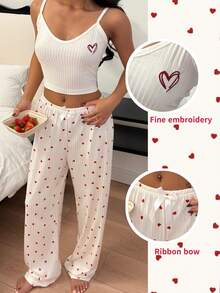 SHEIN Women's Sleepwear Set With Embroidered Heart, Ribbed Camisole And Shorts With Bow Accent