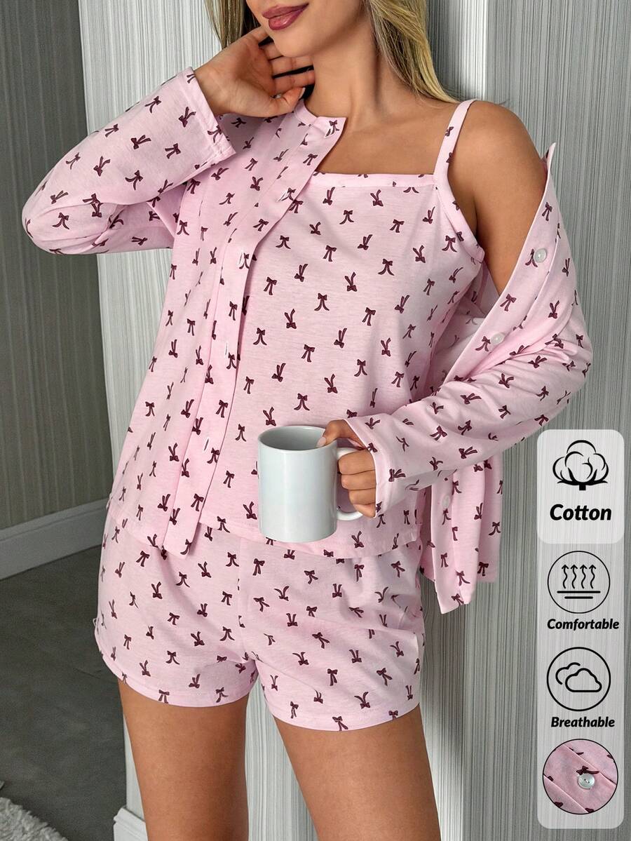 SHEIN Women 100% Cotton 3 Pcs Cardigan Short And T-Shirt Cute Print Lounge Set - Black and White - View 1