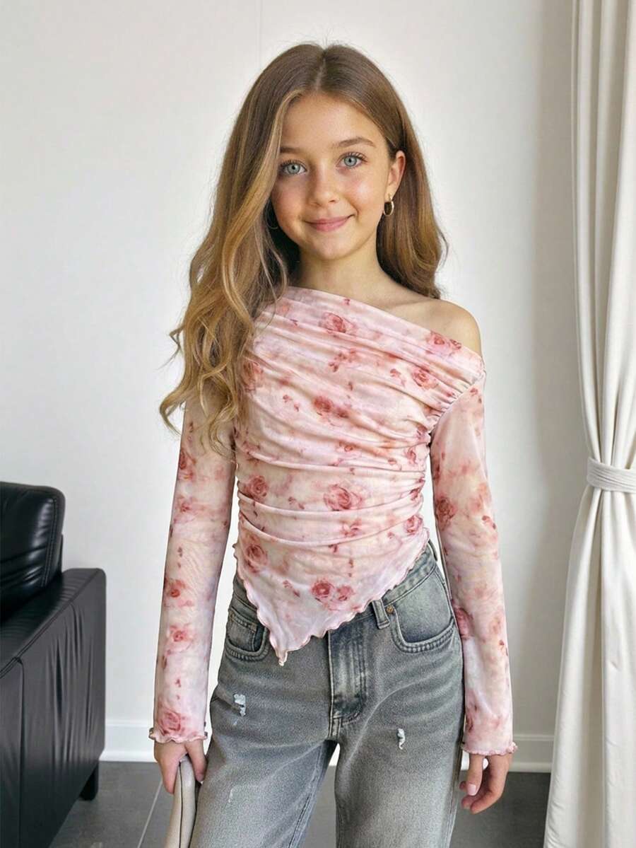 SHEIN Tween Girls Asymmetric Shoulder Design Knit Printed Casual Fashionable Matching Family Tops