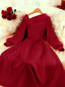GlowEve Vestido de mujer con cuello asimétrico rojo, cintura ceñida y diseño de línea A, elegante y versátil para uso diario, ir al trabajo, citas, fiestas, Año Nuevo, negocios, primavera/otoño-invierno temprano - Rojo - Ver 1