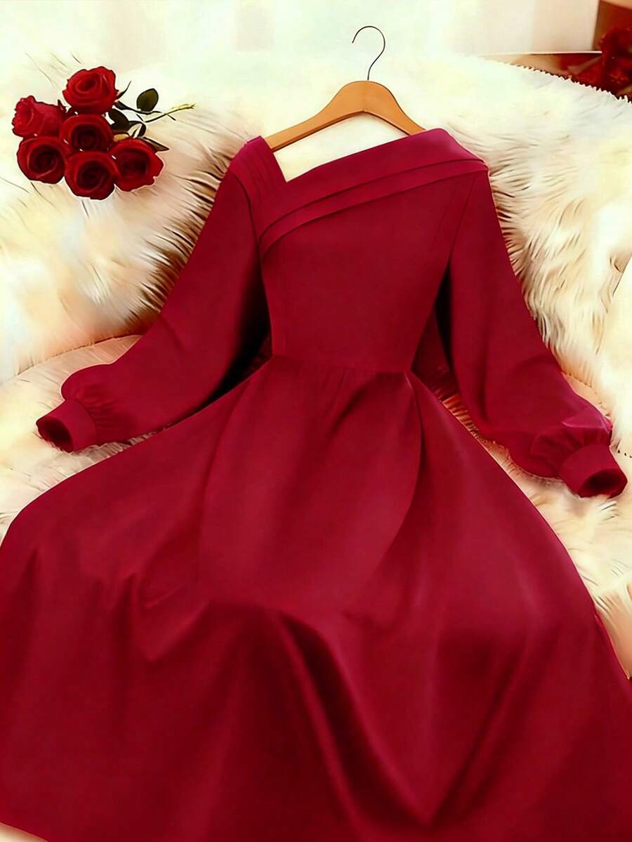GlowEve Vestido de mujer con cuello asimétrico rojo, cintura ceñida y diseño de línea A, elegante y versátil para uso diario, ir al trabajo, citas, fiestas, Año Nuevo, negocios, primavera/otoño-invierno temprano - Rojo - Ver 1