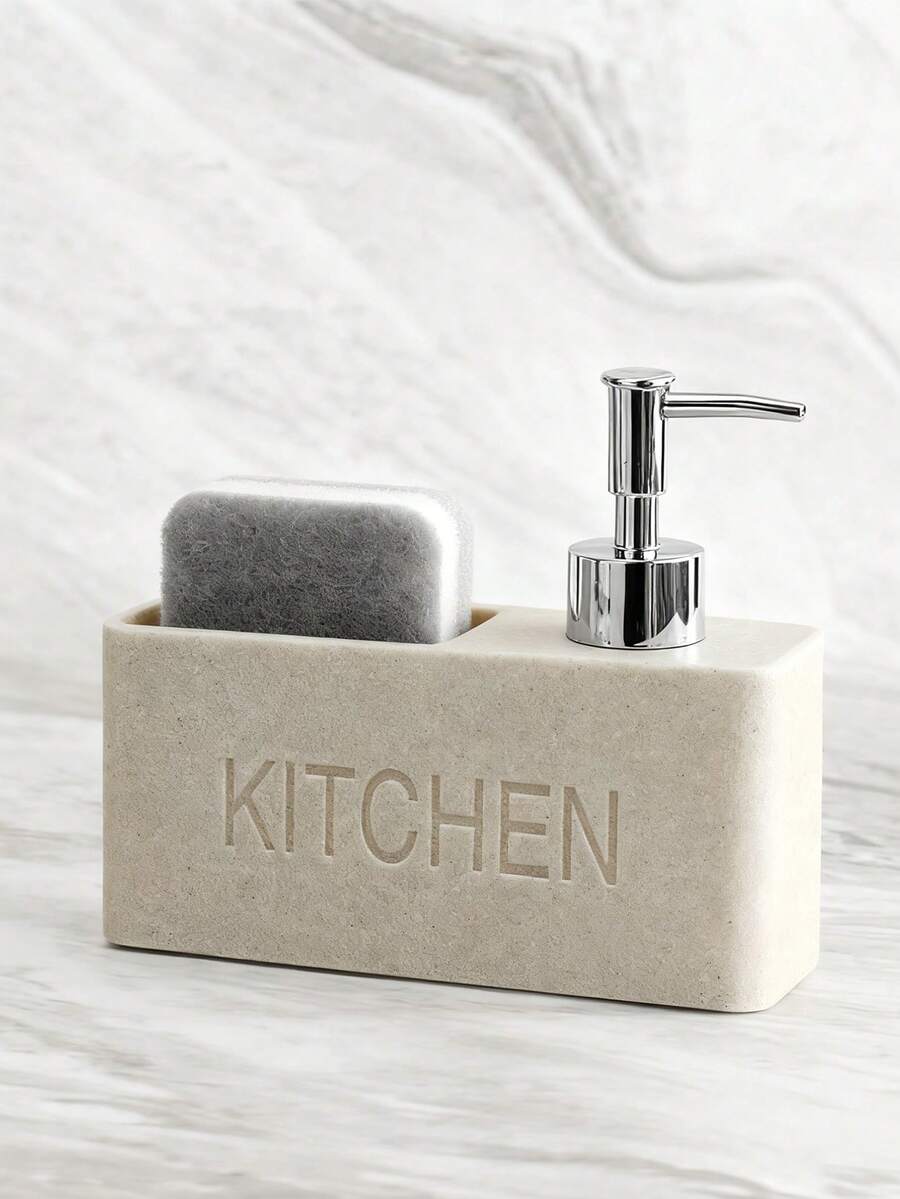 Fashionable Kitchen Soap Dispenser, Kitchen Countertop Decoration Cleaner, Bottling Bottle Including Dishwashing Sponge - Beige - View 1