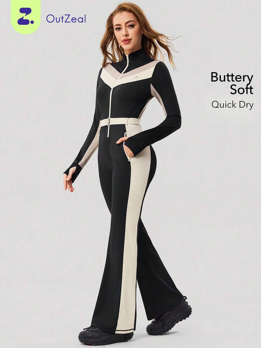 OutZeal Women Outdoor Jumpsuit Daily Casual Quick-Drying Buttery Soft Flared Hems With Pockets - Black and White - View 1