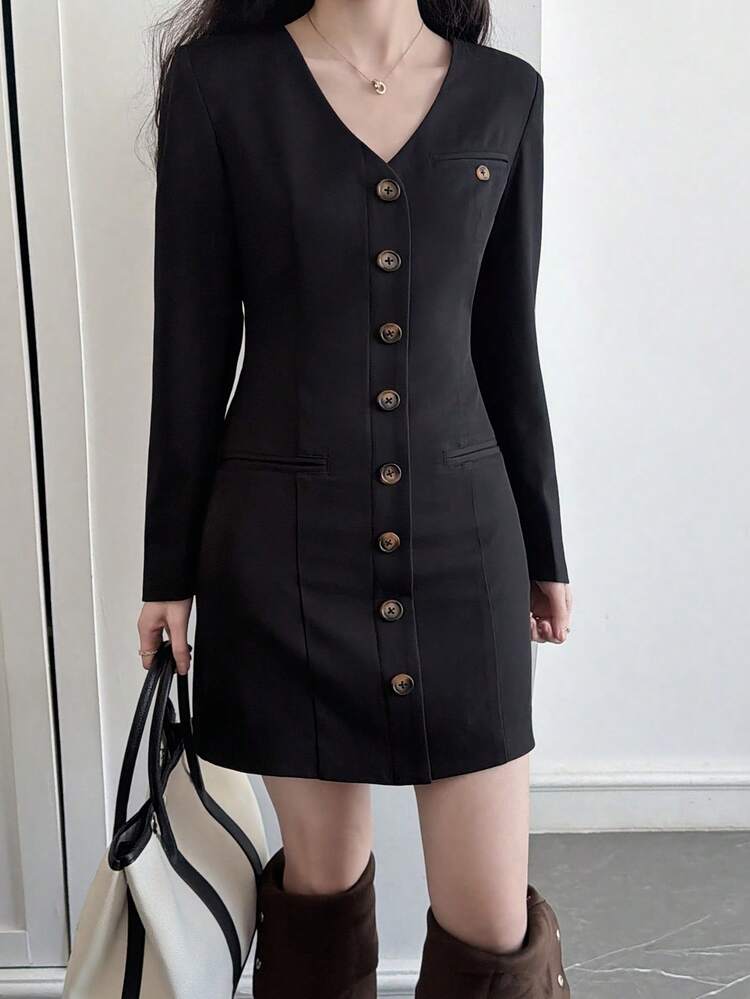Women's Fashionable Solid Color V-Neck Single-Breasted Mid-Length Dress Sundress