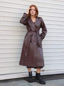 SILVIA DI SANTO Women Fashion Street Chic PU Leather Lapel Collar Double Breasted Belted Long Trench Coat Fall Winter Cloth For Women - Brown - View 4