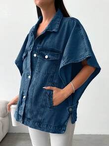 100%Cotton Flap Pocket Batwing Sleeve Denim Jacket - Royal Blue - View 4