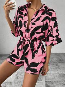 EMERY ROSE Women's Pink Floral Short Sleeve Jumpsuit,Summer Boho Casual Vacation Holiday Romper Button Half-Zip All-Over Print Wrap Dress Style Romper For Women - Multicolor - View 6