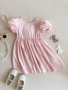 PrepCrw 1件装少女优雅精致金色圆点提花白色圆领网纱袖连衣裙，适合外出、聚会、节日、派对、春季、夏季、情人节、婚礼等场合。 - 白色 - 查看 2