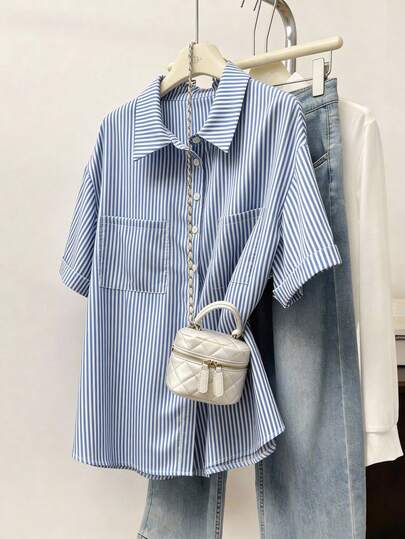 GlowEve CURVE 大码夏季休闲/工作条纹短袖衬衫