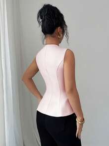 Blusa sin mangas de línea A con cuello de volantes elegante para mujer, adecuada para ir al trabajo, vacaciones, citas, salidas, jardín, reuniones familiares, Día del Trabajo, días f - Rosa - Ver 2