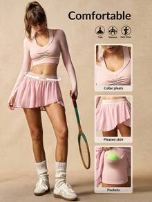 VARSIVA 女士纯色简约休闲长袖上衣和半裙运动套装 - 彩色 - 查看 5