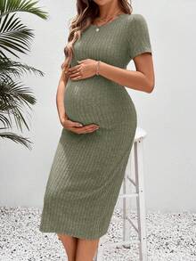 SHEIN Đầm bầu dáng suông, cổ tròn, ôm sát, dài đến đầu gối, thích hợp mặc thường ngày. - xanh quân đội - Xem 5