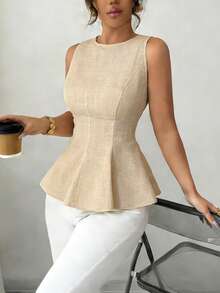 Easowa 女士纯色圆领优雅无袖衬衫，适合办公室穿着，情人节杏色上衣，女士无袖杏色荷叶边上衣，优雅轻盈的亚麻混纺衬衫，适合夏季办公室和休闲穿着，情人节女士夏季荷叶边上衣，荷叶边上衣，女士上衣，优雅商务休闲女士上衣，荷叶边衬衫，春季休闲款 - 杏色 - 查看 7