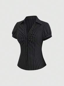 Sweetra Petite 复古美式条纹 Polo 领短袖修身时尚百搭夏季女式衬衫 - 黑色 - 查看 4