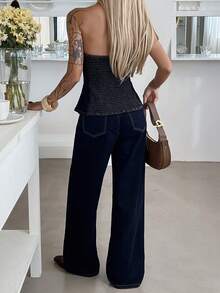 Livesso Women's Casual Loose Denim Tube Top And Wide Leg Pants Set, Vacation Style, Spring/Summer - Blue - View 2