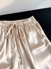 GlowEve Shorts Casuais Soltos Elegantes e da Moda Femininos de Cintura Alta Elástica com Bolso Oblíquo e Amarração - Damasco - Visão 6